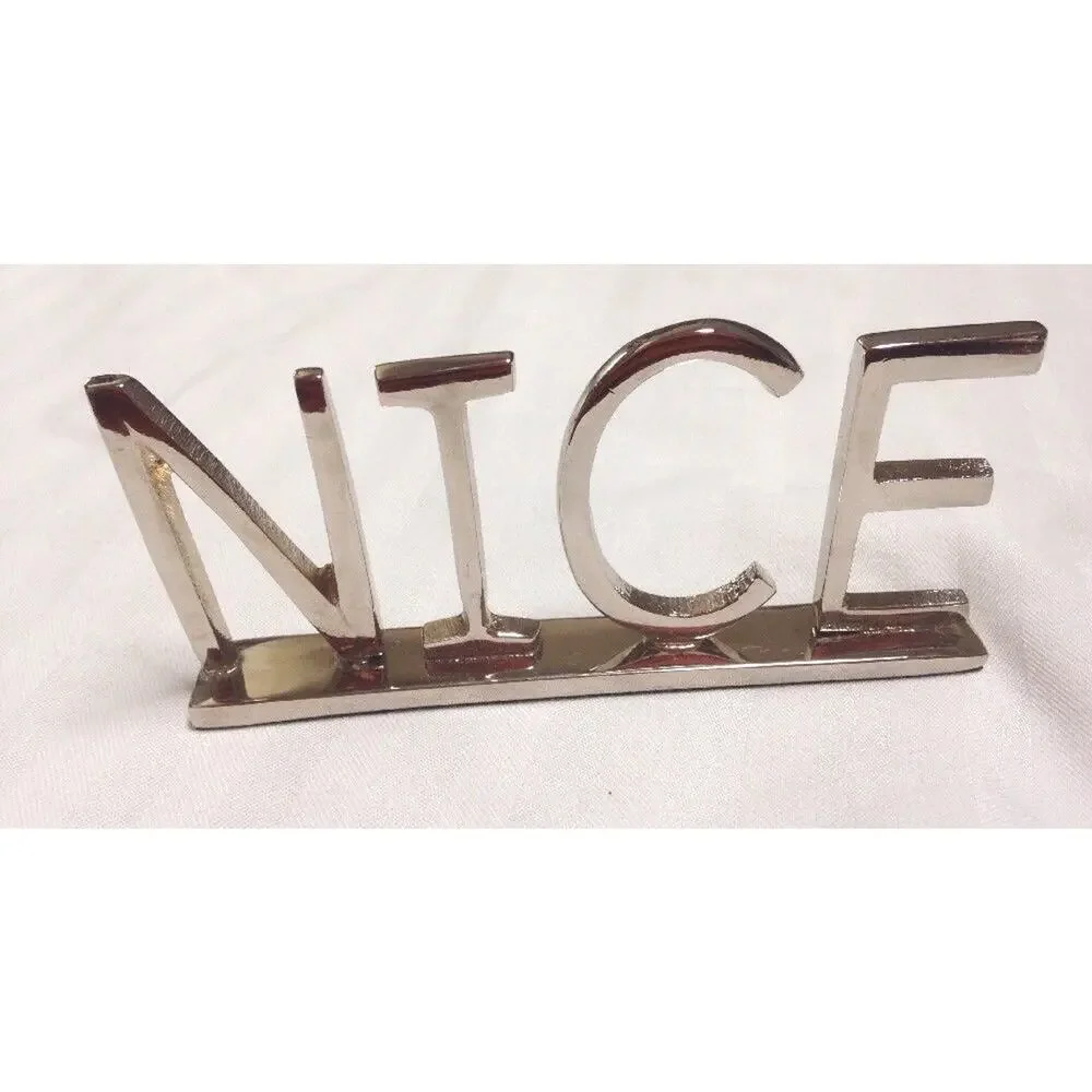 New NIB West Elm NICE Brass Word Object Shiny Silver Chrome Sign Decor w Box